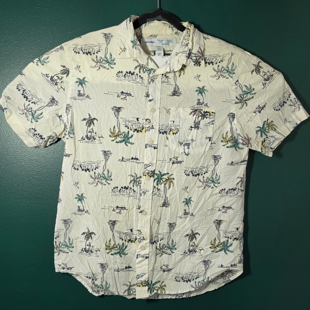 Old Navy Mens Medium Slim Fit Tropical Palm Tree Beach Print Button Down Shirt